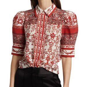 Alice & Olivia Willa Paisley Puff-Sleeve Silk Top Red/White Size XL